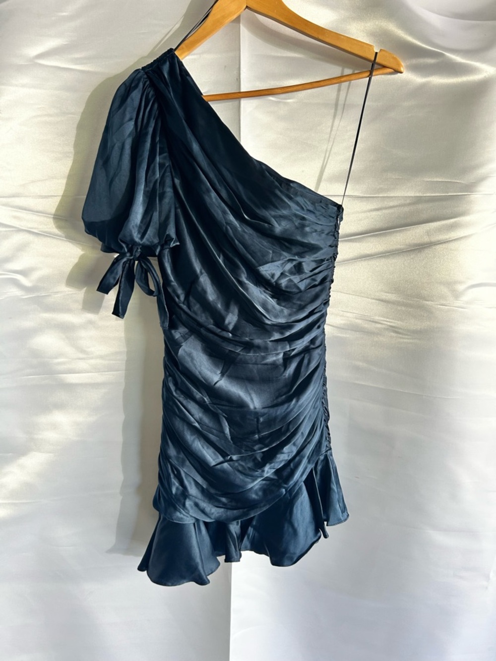 Amanda Uprichard One-Shoulder Silk Navy Ruched Mini Dress